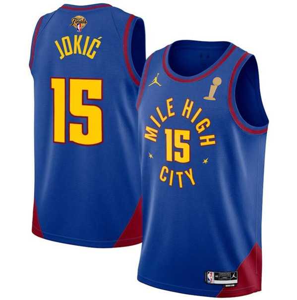 Mens Denver Nuggets #15 Nikola Jokic Blue 2023 Finals Champions Statement Edition Stitched Basketball Jersey